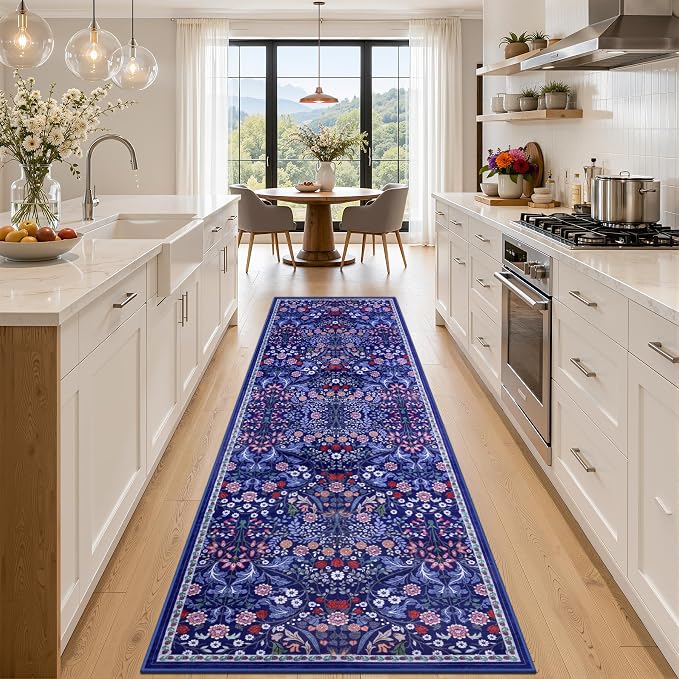 Runner Rug for Entryway: 2.6x10 Kitchen Rugs Non Slip Washable Ultra-Thin Soft Floral Carpet Indoor Floor Stain Resistant Carpets for Hallway Bedroom Kitchen Laundry Bathroom Dorm Blue