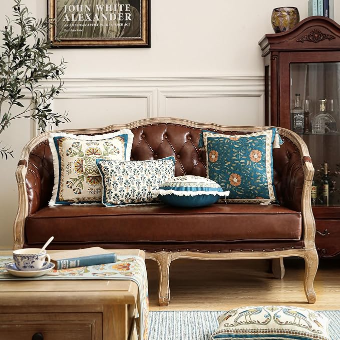 patdrea French Vintage Linen Throw Pillow Cover,18"x18",Set of 2-Wensel A | Decorative Pillow Case,Teal Floral Pattern,Pillow Cover for Couch Living Room Bedroom Sofa,Fringe Trim