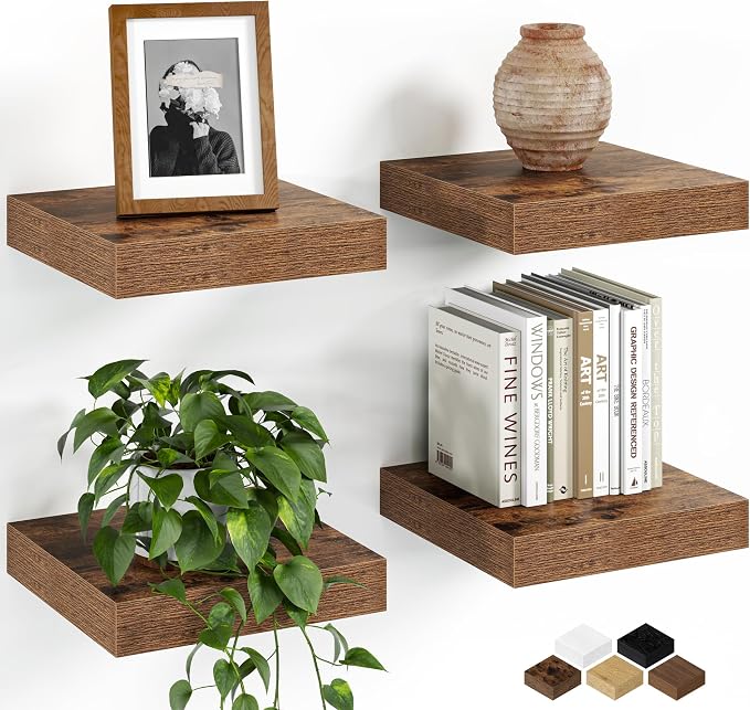 Fun Memories Floating Shelves for Wall, 8 Inch Set of 4 Rustic Wood Wall Shelves with Invisible Brackets, Heavy Duty Storage Display for Bathroom Bedroom Living Room Kitchen, Brown