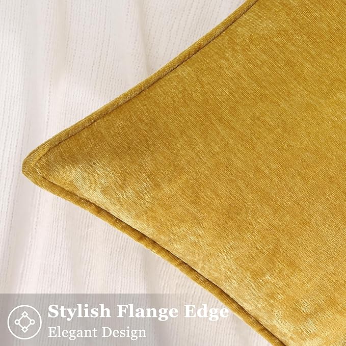 decorUhome Summer Couch Euro Sham Throw Pillow Covers 24x24 Set of 2, Decorative Soft Velvet Modern Cozy Chenille Pillow Cases with Elegant Design for Sofa Bed Living Room Home Decor, Mineral Yellow