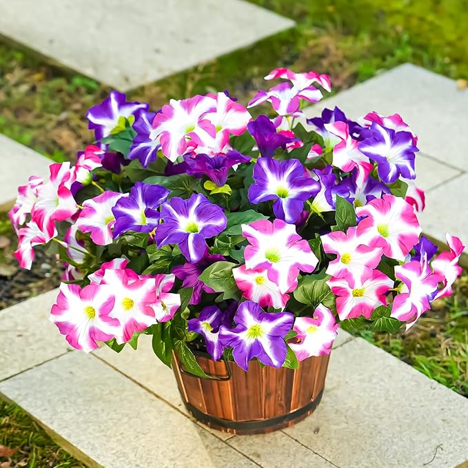 FULLMUSIC Spring Artificial Flowers for Outdoors, UV Resistant Fake Morning Glory, Look Real Faux Silk Plants for Front Door Garden Porch Planter