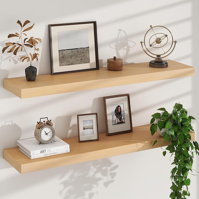 Floating Shelves for Wall, USA-Sourced Beech Wood 36 Inch Long Wall Shelves Set of 2, Natural Wooden Mounted Picture Ledge Shelf, Nursery Book Storage Shelf Kids Bookshelf, Display Shelf for Bathroom