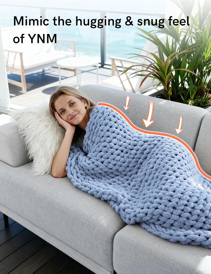 YnM Chunky Throw Blanket, Medium-Weight, Hand Knitted with Chenille Yarn, Skin Friendly, Ventilated and Breathable, Machine Washable, Home Décor Piece for Couch Sofa and Bed (Chambray Blue 50x60 Inch)