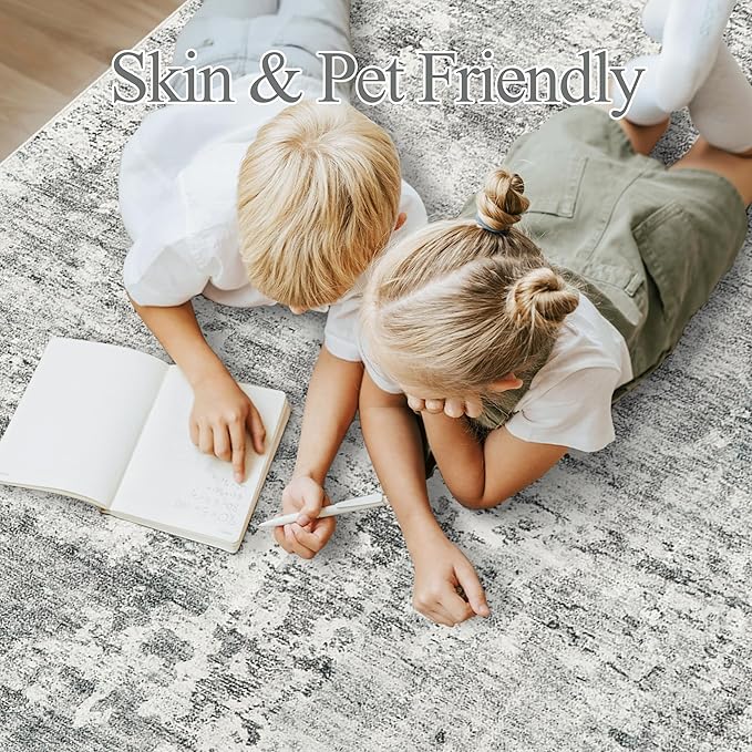 Soalmost Abstract Rug 8x10 Large Living Room Rugs Neutral Modern Washable Area Rugs for Bedroom Dining Room Non-Slip Stain Resistant Foldable Thin Rug Gray White