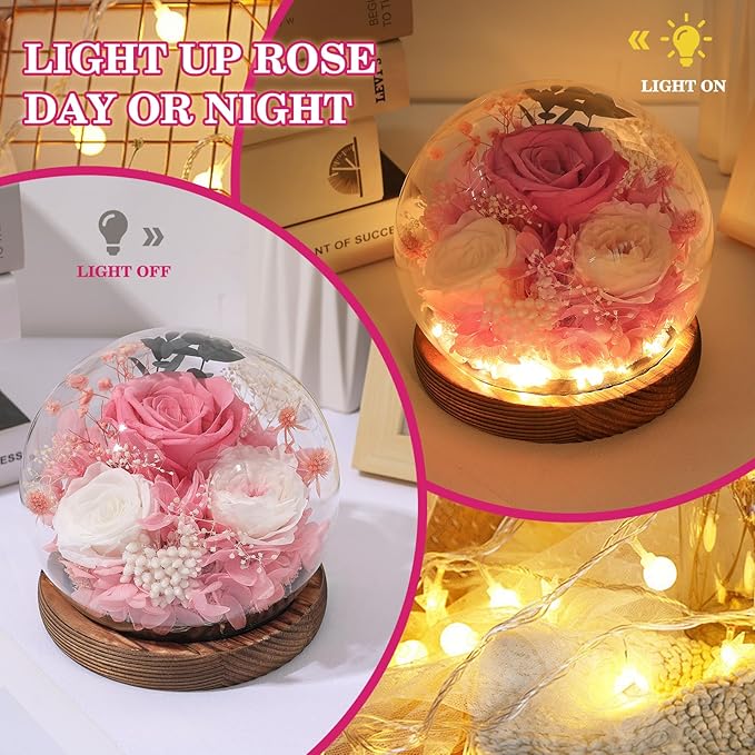 FIACO Gifts for Mom Mother Day Preserved Flowers in Glass Dome Long-Lasting Eternal Rose Birthday Gifts for Women Grandma Wife Sister Girlfriend Pink Flowers for Delivery Prime Anniversary