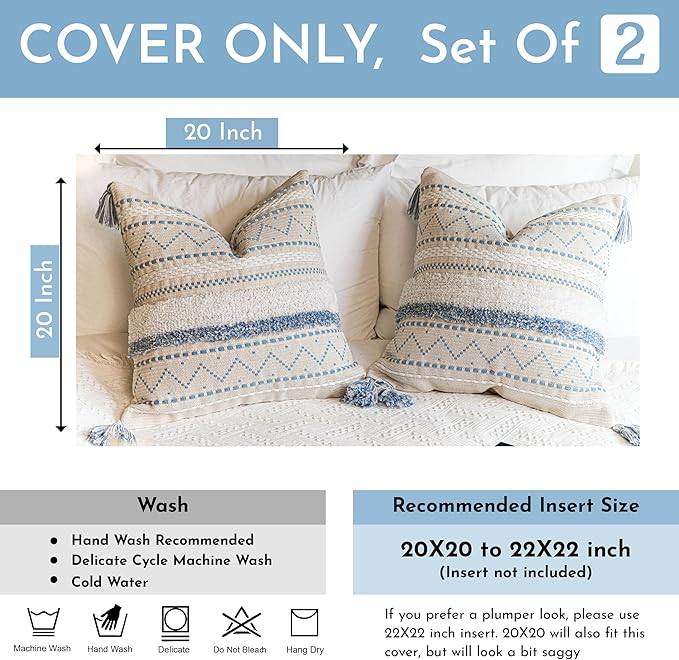 BlissBlush Decorative Throw Pillow Covers 20x20 Combo Set of 2 Square Coastal Blue Boho Accent Pillowcase Tassels Farmhouse Cushion for Couch Sofa Bedroom Living Room Home Décor Cover ONLY