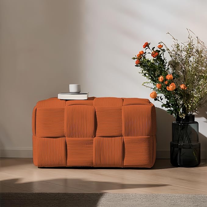Cmishe 28" Rectangular Woven Corduroy Ottoman Footrest - Large Modern Entryway Bench & Bed End Stool, Sturdy Wood Frame, No Assembly (Orange-L)