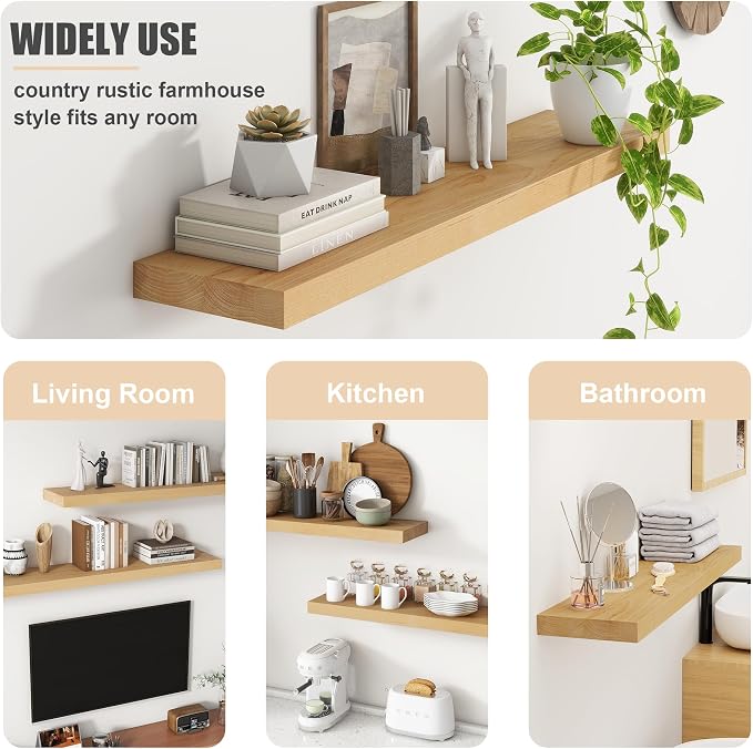 FLYJOE Floating Shelves for Wall, USA-Sourced Brich Wood 36 Inch Long Wall Shelves Set of 2, Natural Wooden Mounted Picture Ledge Shelf, Nursery Book Storage Shelf Kids Bookshelf, Display Shelf