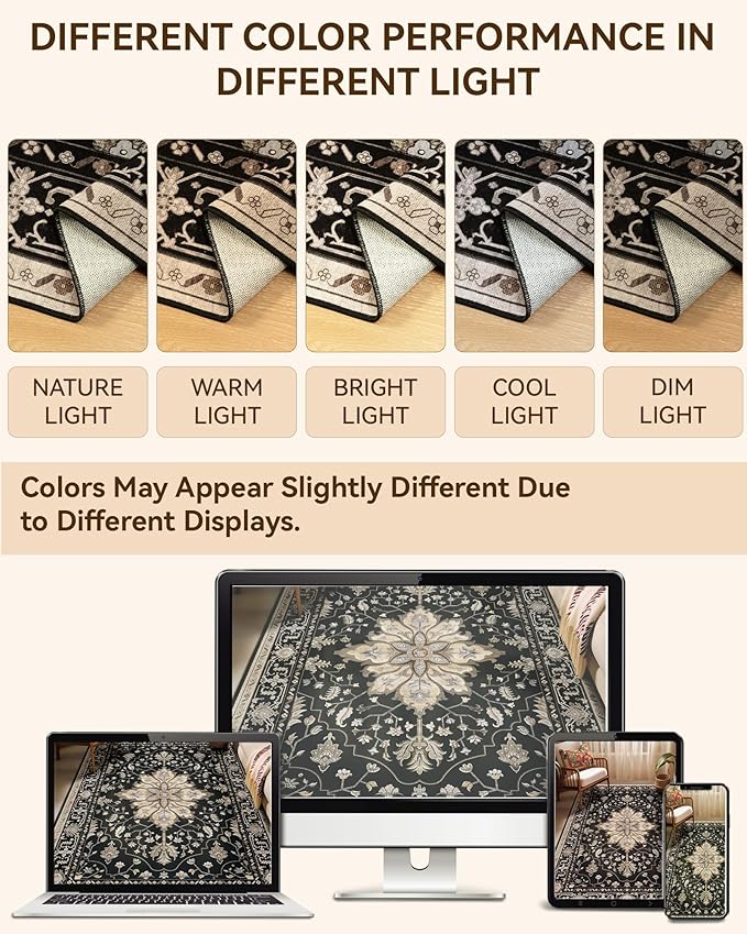RELEANY Area Rugs 2'x10' Runner Rug Non Slip Washable for Kitchen Hallway Bedroom Beside Laundry Room Bathroom Rug, Floor Carpet, Black Brown Neutral Dark Tan