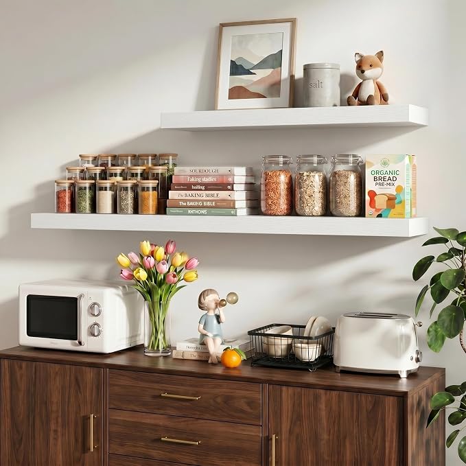 Vivelove 36 Inch Floating Shelves Wall Mounted for Display, 6.5 Deep Duty Shelves with Invisible Brackets for Living Room,Bedroom,Kitchen, Bathroom Storage & Decor,36" Wx6.5 Dx1.4 H - White
