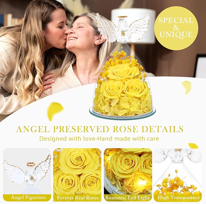 Flowers for Delivery Gifts for Mom Mothers Day Birthday Gifts for Women Grandma Fresh Preserved Flowers Forever Real Roses in Glass Angel Figurines Anniversary Present for Wife Her Friends Daughter
