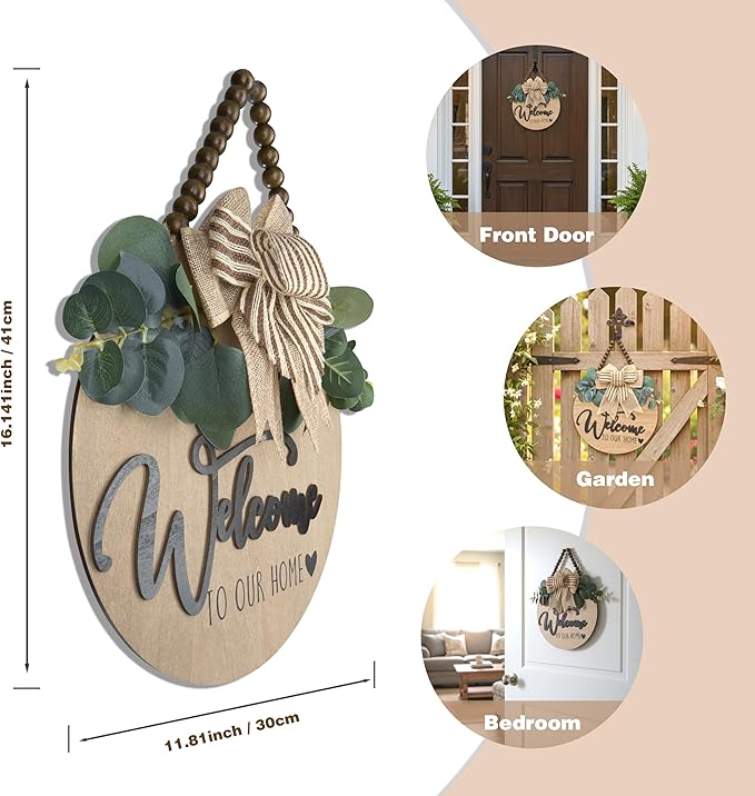 Condorpasea 3D Welcome Sign for Front Door | Home/Farmhouse Porch Décor Wooden Hanging Sign with Artificial Leaves and Rustic Beads | Christmas Classroom |12" Round