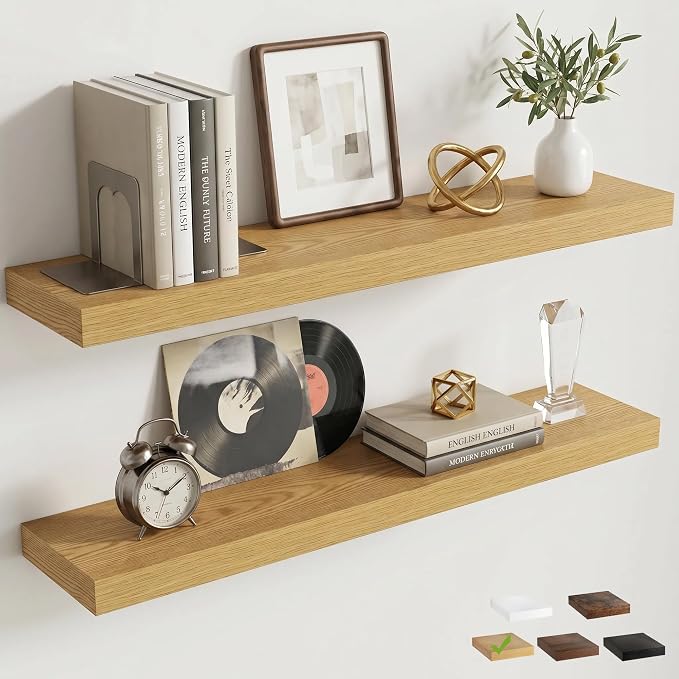 Venusmiles Floating Shelves for Wall, 32 Inch Floating Shelves Set of 2, 6.5" D Wooden Wall Mounted Display Shelves with Invisible Brackets for Living Room, Bedroom, Bathroom, Kitchen Decor, Oak