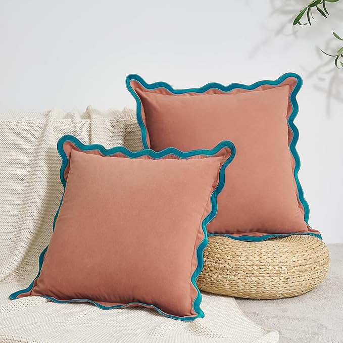 MONDAY MOOSE Decorative Throw Pillow Covers Cushion Cases, Set of 2 Soft Velvet Scalloped Wavy Edge Designs, Mix and Match for Home Decor, Pillow Inserts Not Included (18x18 inch, Teal/Pink)