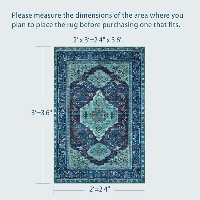 Tangsoo Oriental Small 2X3 Washable Rugs, Teal Vintage Non Slip Rug Carpet, Indoor Front Door Rug for Entryway, Door Mat Indoor Entrance Soft Low Pile Throw Rugs for Entry Kitchen Bedroom