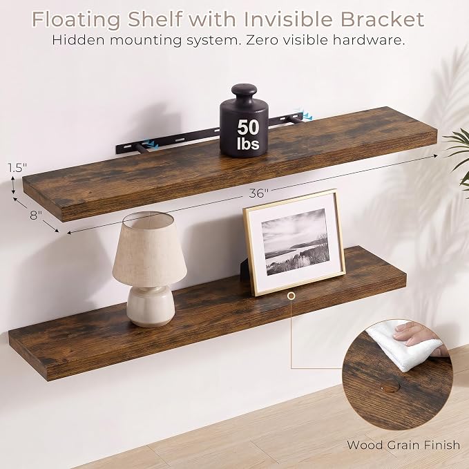 Vivelove Wall Floating Shelves for Display with Invisible Brackets, 36 Inch Floating Shelves for Bedroom Bathroom Living Room Kitchen Office, 36”X 8" X 1.4", Set of 2 - Rustic Brown