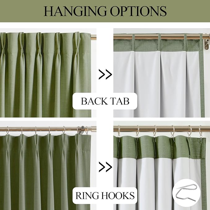 Vision Home Dark Green Pinch Pleated Full Blackout Curtains Linen Blended Room Darkening Curtain Panels 108 inch for Living Room Bedroom Thermal Insulated Pinch Pleat Drapes with Hooks 40" Wx108 Lx2