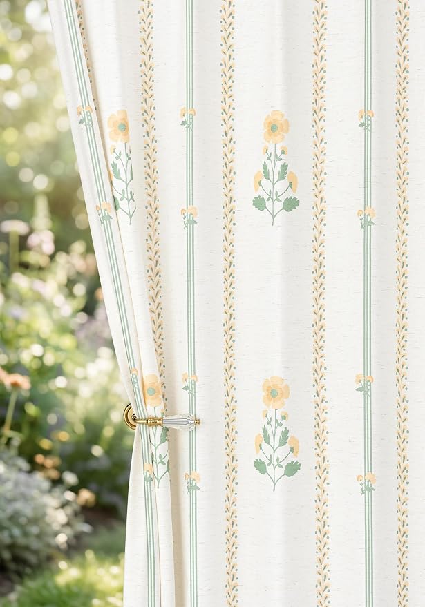 THREE GIRLS Floral Pinch Pleated Light Filtering Curtains 90 Inches - Printed Linen Blend Drapes for Living Room, Bedroom, Dining, Modern Farmhouse with Hooks, 2 Panels Set, 40" W x 90" L Yellow