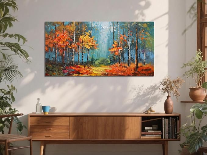 Arjun Nature Wall Art Landcape Canvas Forest Painting, Textured Reddish Forest Framed Artwork Large Picture Living Room Bedroom Dining Room Kitchen Home Office Wall Decor 48"x24"