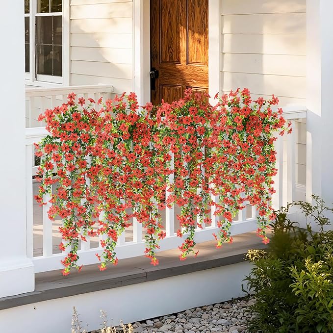 Artificial Fake Hanging Flowers Plants for Outdoor Spring Summer Decoration,2 PCS Faux Silk Daisy with Eucalyptus Leaves,UV Resistant Look Real for Outside Home Planter Porch Patio Balcony Yard Decor