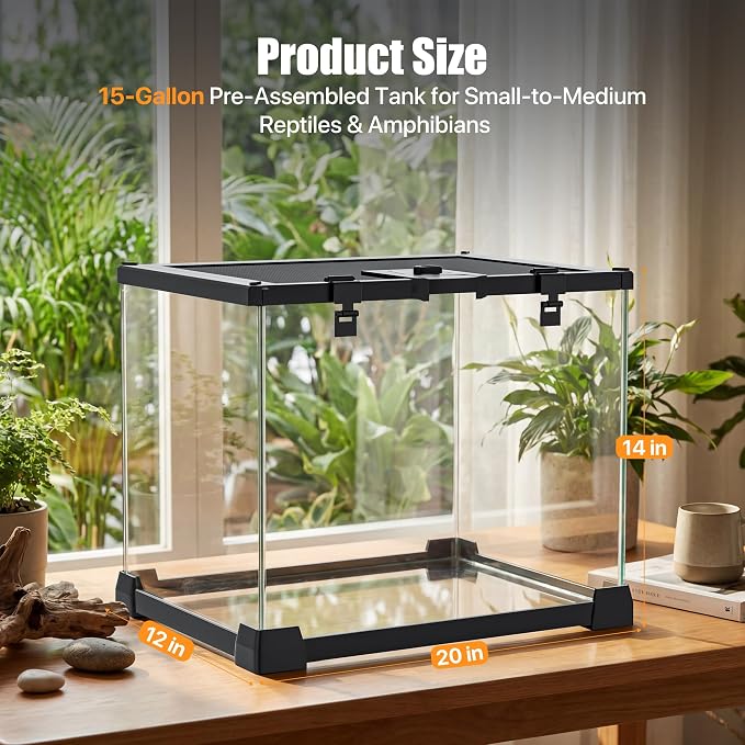15 Gallon Fully Assembled Glass Reptile Enclosure, 20" x 12" x 14" | Escape-Proof Top Opening Terrestrial Reptile Terrarium Tank for Leopard Geckos, Corn Snakes, Frogs & Hermit Crabs