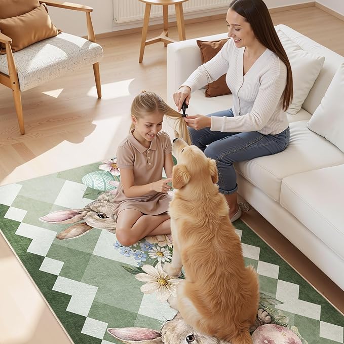cotiled Area Rug for Living Room, Washable Non-Slip Large Area Rug, Indoor Floor Carpet Low Pile Soft Boho Farmhouse Rug for Bedroom Dining Room Green 3x5