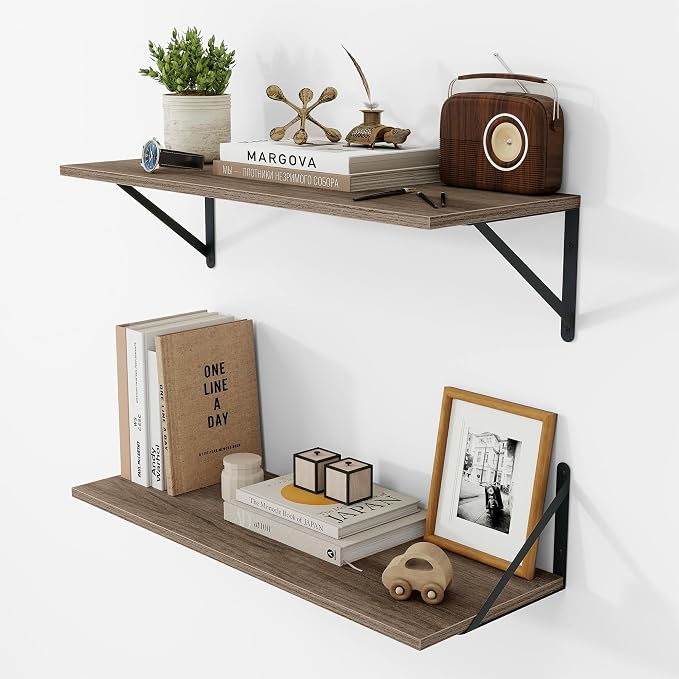 Vivelove Deep Floating Shelves for Wall, 24W x 8D Rustic Grey Wood Wall Shelves Set of 2, Large Floating Shelf for Living Room, Kitchen, Office, Bedroom and Decor Storage, with Metal Bracket - Grey
