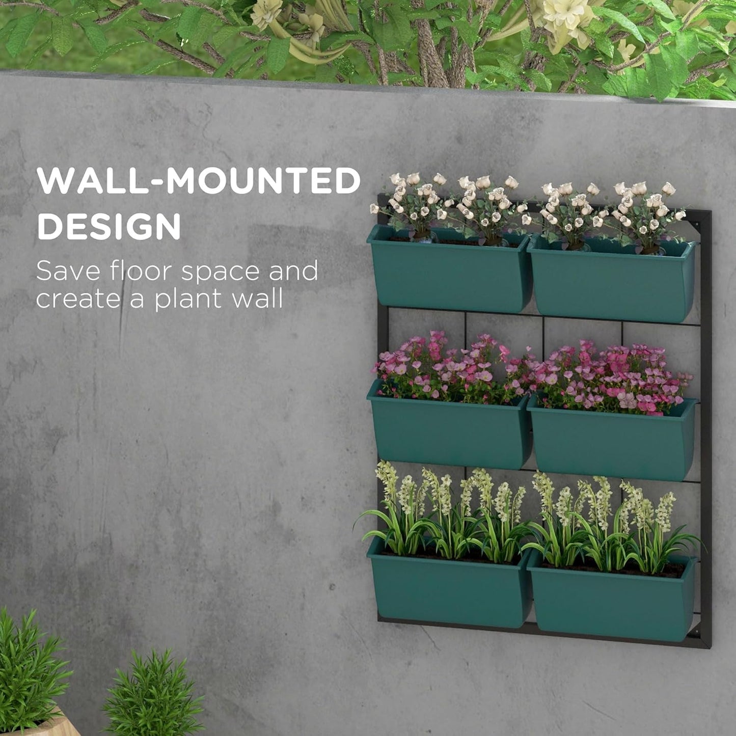 Outsunny 3-Tier Wall Planter with 6 Pots for Indoor and Outdoor Use, Hanging Plant Holder, Self Draining Wall Mounted Planter for Vegetables, Flowers, Herbs, Green
