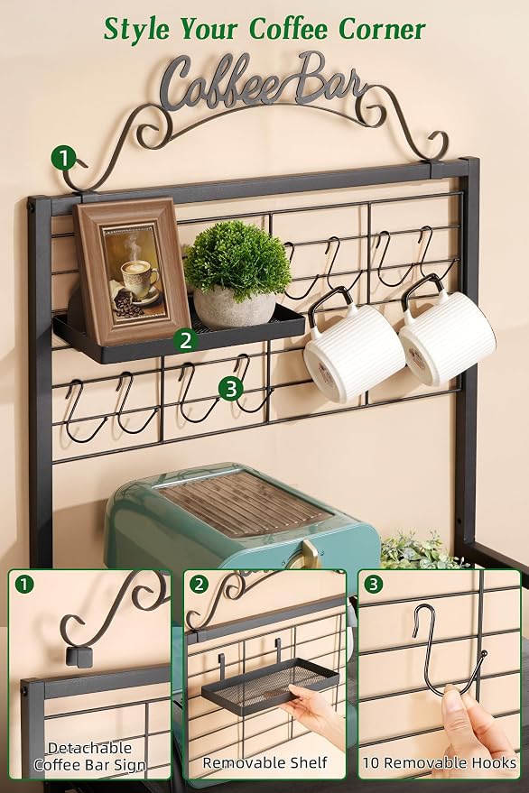 Coffee Bar Cabinet with Storage, Coffee Cart with Wheels, Coffee Station with Coffee Bar Sign and Mug Hook, Corner Coffee Bar Table with Drawer, Bakers Rack for Kitchen Dining Room Living Room Nook