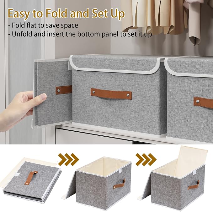 Yawinhe Collapsible Storage Box, Cube Organizer Basket, Fabric Bin with Lids, Washable and Leather Handle for Shelves, Closet, Grey, 10.2x7.9x6.7 In, 5-Pack, SNK024GN-5