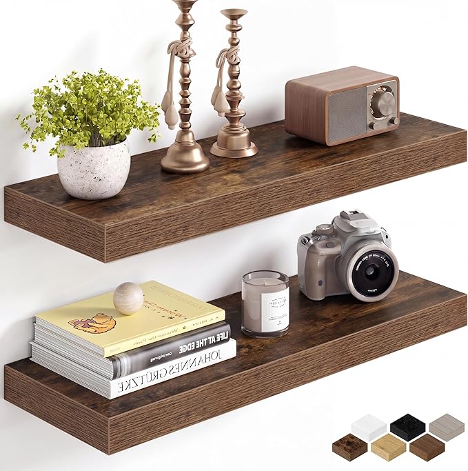 Fun Memories 24Inch Floating Shelves for Wall, 8 Inch Deep Shelves for Bathroom|Bedroom|Kitchen Wall Mounted, Wood Hanging Shelf with Invisible Brackets for Home Storage Decor, Rustic Brown - 2 Pack