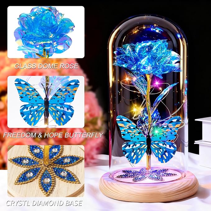 Beferr Birthday Gifts for Women Galaxy Glass Rose Forever Preserved Flowers for Delivery Light Up Rose in Glass Dome Mothers Day Butterfly Gifts for Mom Wife Grandma Her Daughter Girlfriend