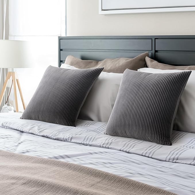 YCOLL Gray Pillow Covers 24x24 Set of 2 Velvet Striped Pattern - Soft Throw Pillows for Home Decor, Luxury Decorative Pillow Covers for Couch, Bed,Living Room