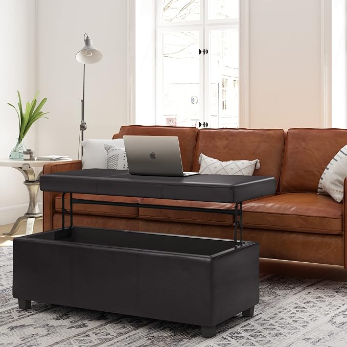 SIMPLIHOME Avalon Lift Top Rectangular Storage Ottoman - 44 inch Wide Upholstered Vegan Leather Lift-Top Ottoman in Tanners Brown, Contemporary Coffee Table Ottoman for Living Room with Hidden Storage