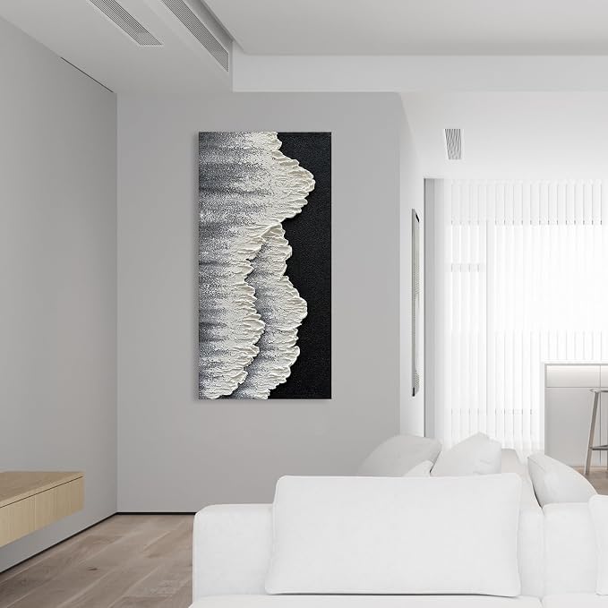 NANKAI Art Hand-Painted 3D Ocean Wave Oil Painting Natural Landscape Black and White Abstract Canvas Art Mural Family Wall Art Deco 48x24 inches