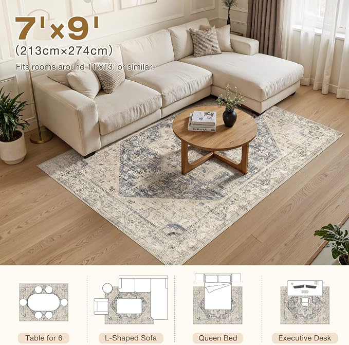 7x9 Area Rugs for Living Room - Large Carpet Ultra Thin Soft Washable Oriental Vintage Floral Distressed Big Indoor Carpets for Bedroom Nursery Dorm Home Decor Aesthetic - Blue Beige