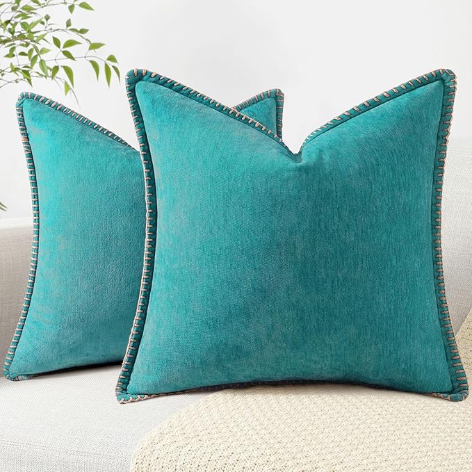 decorUhome Summer Chenille Soft Cozy Throw Pillow Covers 22x22 Set of 2, Modern Farmhouse Boho Velvet Decorative Euro Sham Pillow Cases with Stitched Edge for Couch Sofa Bed Home Decor, Turquoise