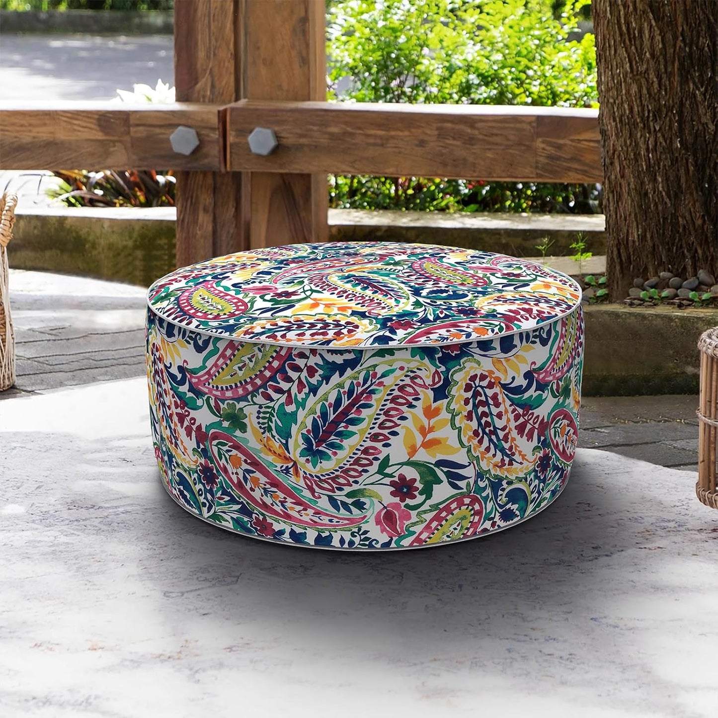 LVTXIII Indoor/Outdoor Inflatable Ottoman, D31 x H14 Inch Large Round Ottoman, All Weather Foot Rest Stool, Portable Footrest for Patio, Garden, Camping and Home - Vigour Paisley