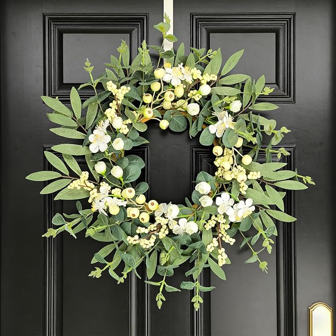 20 Inch Summer Wreaths for Front Door, Spring Summer Eucalyptus Wreath - White Berry Artificial Floral for Front Door, Porch, Home Decor, Farmhouse Wall Window Decorations