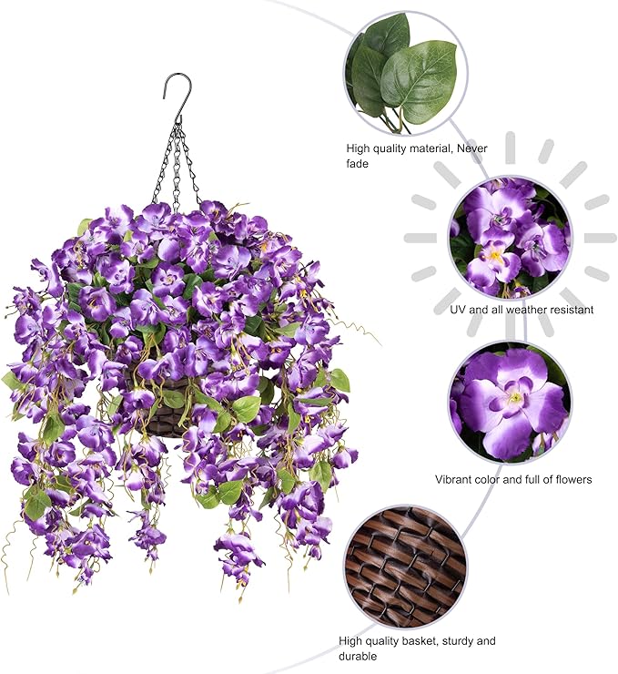 Artificial Fake Hanging Hibiscus Flowers Plants Baskets for Outdoor Decoration, Faux Silk Hibiscus Long Vines in Planter UV Resistant Realistic Flowers for Outside Porch Patio Home Decor, Darkpurple