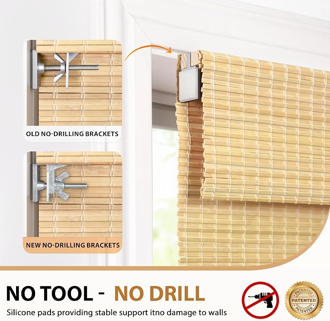 LazBlinds No Drill Bamboo Roman Shades, 20x64, DP-Natural | Privacy Room Darkening Window Treatment, No Tools Cordless Roll Up Bamboo Blinds for Window