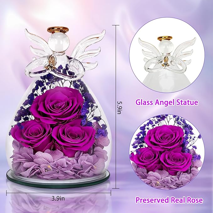 Mothers Day Birthday Gifts for Mom Women, Preserved Eternal Rose Forever Flower in Glass Angel Figurine, Fresh Flowers for Delivery, Unique Gift for Grandma Nana Wife Mum from Daughter Son