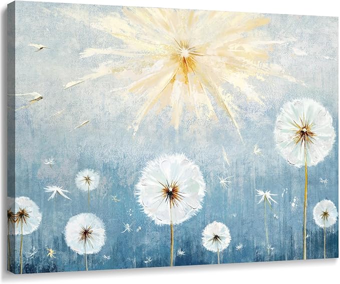 Nicetop Blue Dandelion Canvas Wall Art 16x12, Small Coastal Botanical Farmhouse Bathroom Decor Ready to Hang for Bedroom Living Room