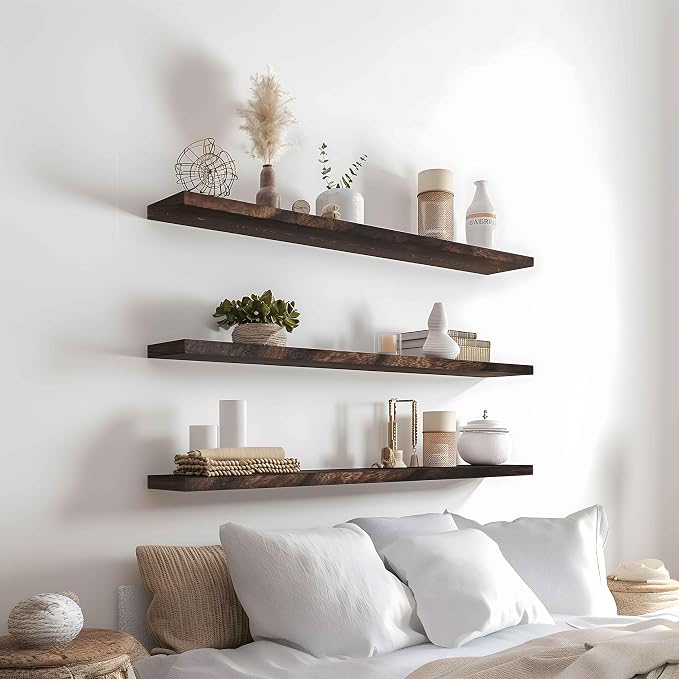 YYWUOJJ Wood Floating Shelves for Wall Decor, Rustic Wall Shelves for Bedroom Bathroom Kitchen Living Room, Set of 4 Walnut 36 Inch