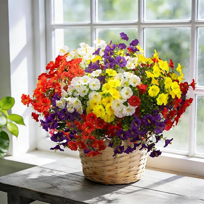 Grunyia Artificial Faux Flowers for Outdoor 16 Bundles Boxwood Fake Morning Glory for Planter,UV Resistant Fake Flowers for Home Porch Patio Outside (White,Yelow,Orange,Red,Purple)