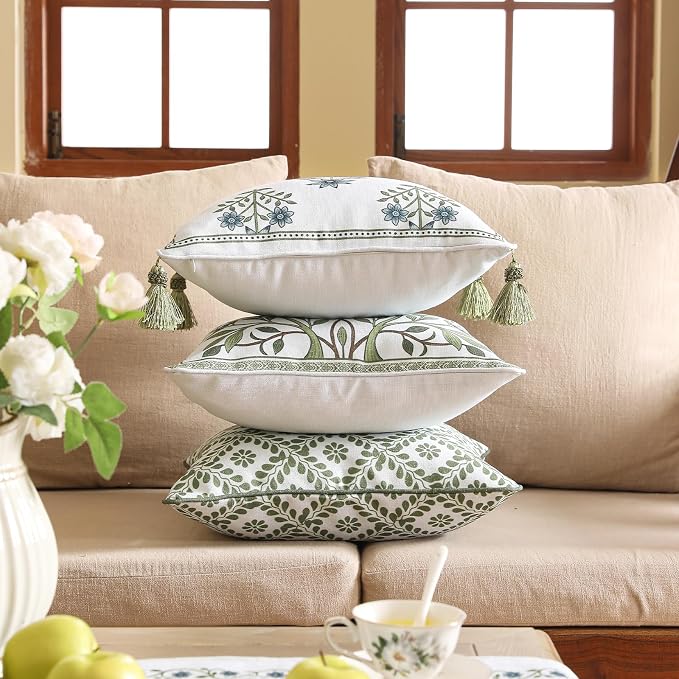 ISAENNE Designer Linen Throw Pillow Cover,Set of 2,18"x18"-Mosella B | Vintage Elegant Square Decor Pillow Cover,Concealed Zipper Design,Floral Pattern,Sofa,Bedroom,Living Room,Lounge Chairs