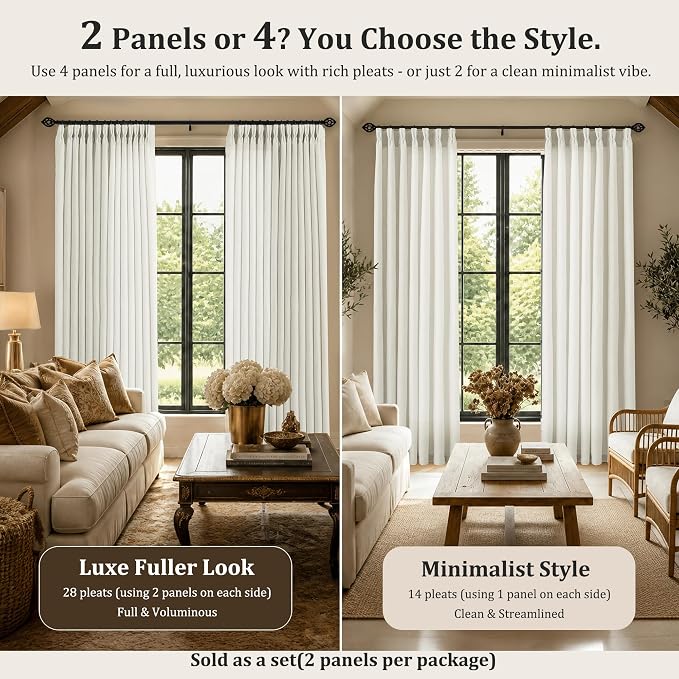 Pinch Pleated Linen Curtains 96 Inch, 2 Panels Premium 400GSM Memory Trained Semi Sheer Light Filtering Window Drapes for Living Room Bedroom Dining, Back Tab & Adjustable Hooks Rings , Birch Natural