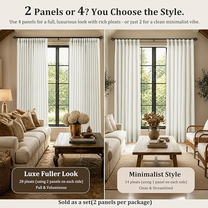 Pinch Pleated Linen Curtains 84 Inch, 2 Panels Premium 400GSM Memory Trained Semi Sheer Light Filtering Window Drapes for Living Room Bedroom Dining, Back Tab & Adjustable Hooks Rings , Birch Natural
