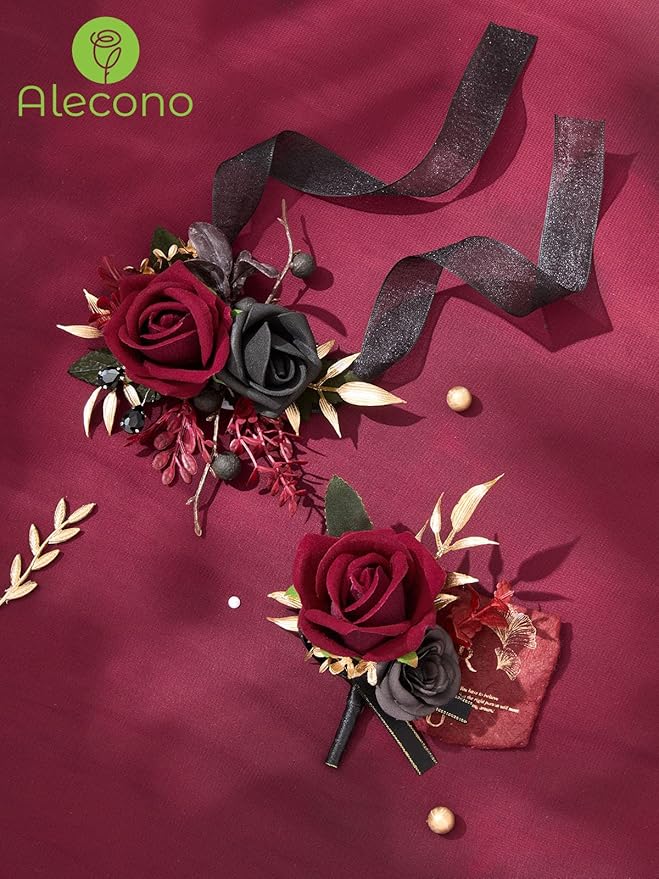 Alecono Burgundy Corsage and Boutonniere Set, Red and Black Rose Corsage Wristlet and Boutonniere for Wedding Prom Flower Accessories Suit Decorations