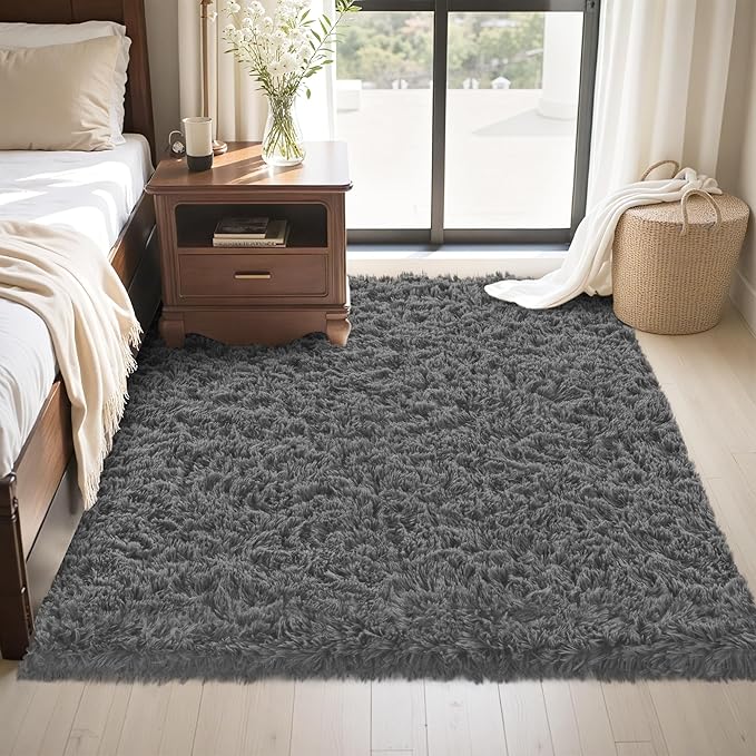 4x6 Area Rug for Living Room:Ultra Soft Fluffy Shag Dark Grey Rugs,Large Fuzzy Plush Indoor Non Slip Carpet Washable Rug for Bedroom Kids Nursery Office Dorm Modern Decor(Dark Grey 4'x6')
